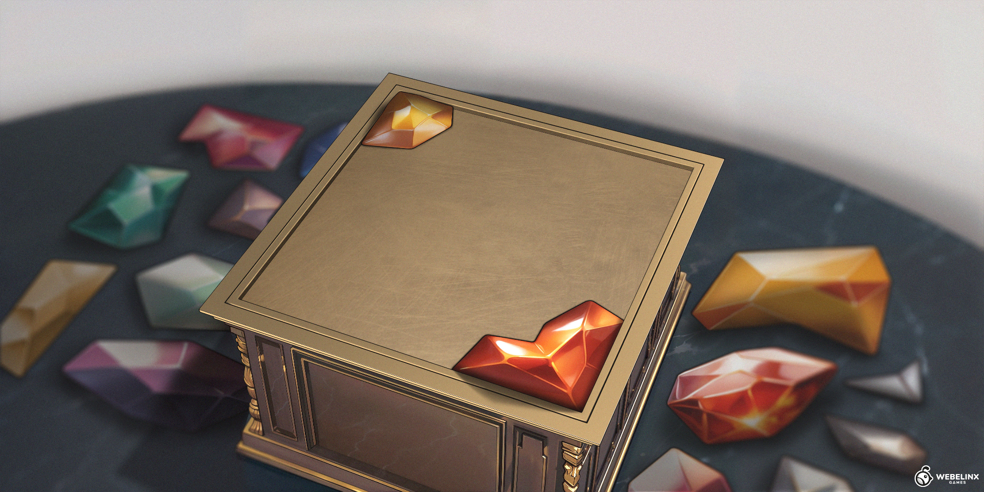 Golden jewelry box with scattered gemstones on dark table