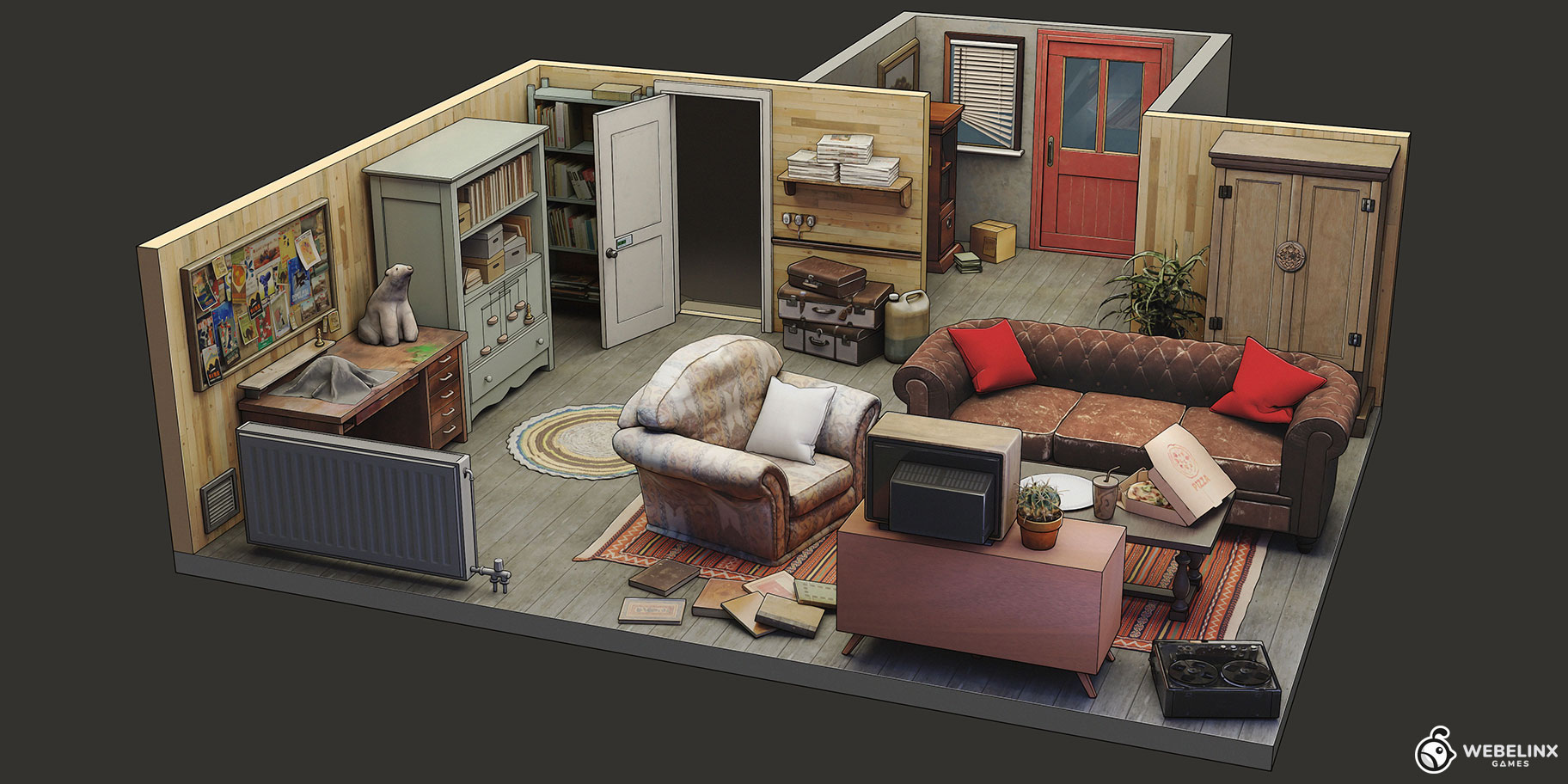 Isometric apartment living room with sofas, TV and storage