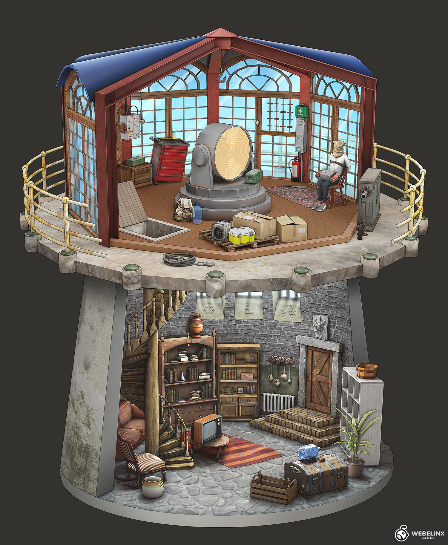 Isometric lighthouse interior with workshop and basement living quarters