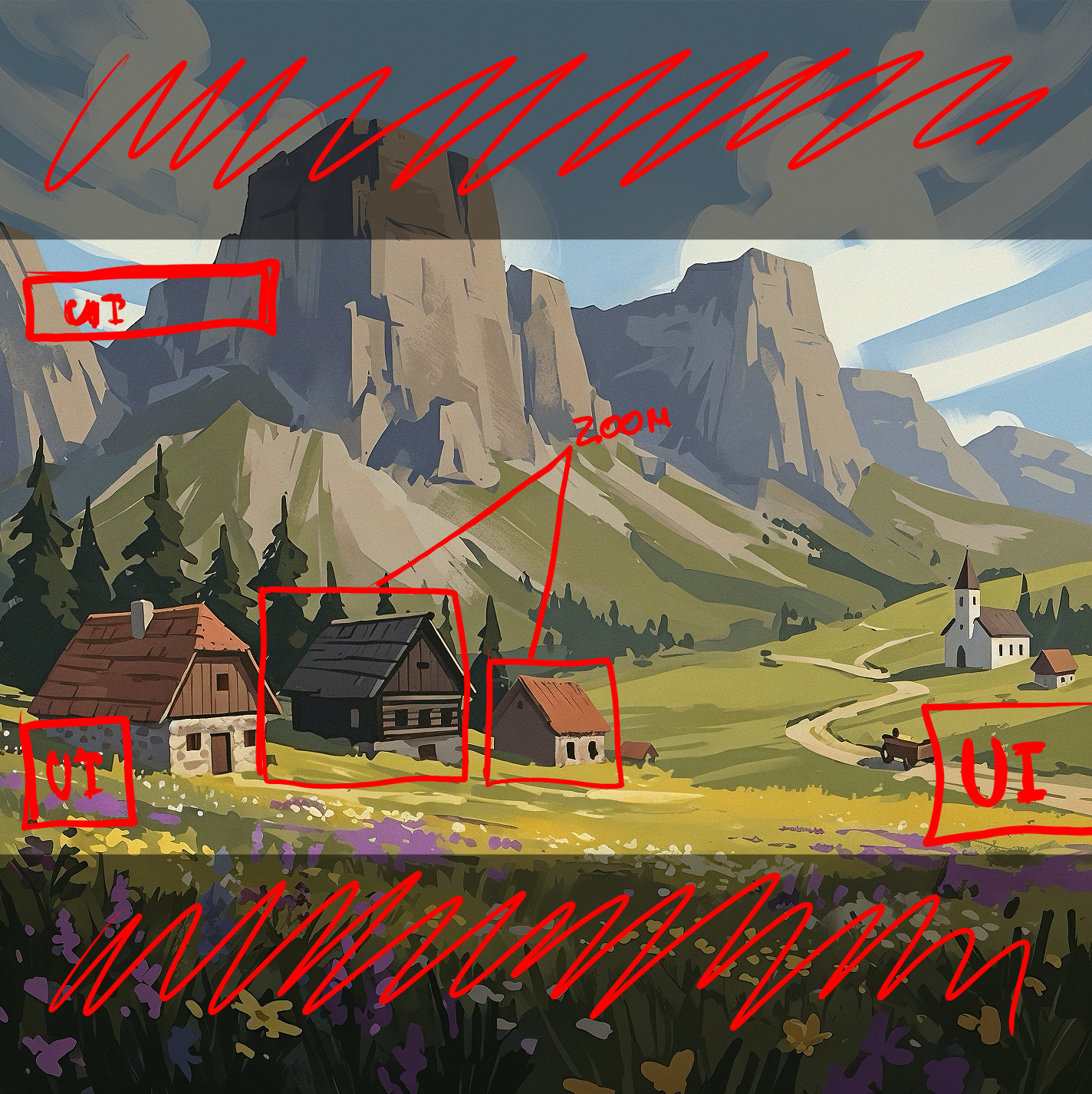 Mountain village painting with UI and zoom annotations