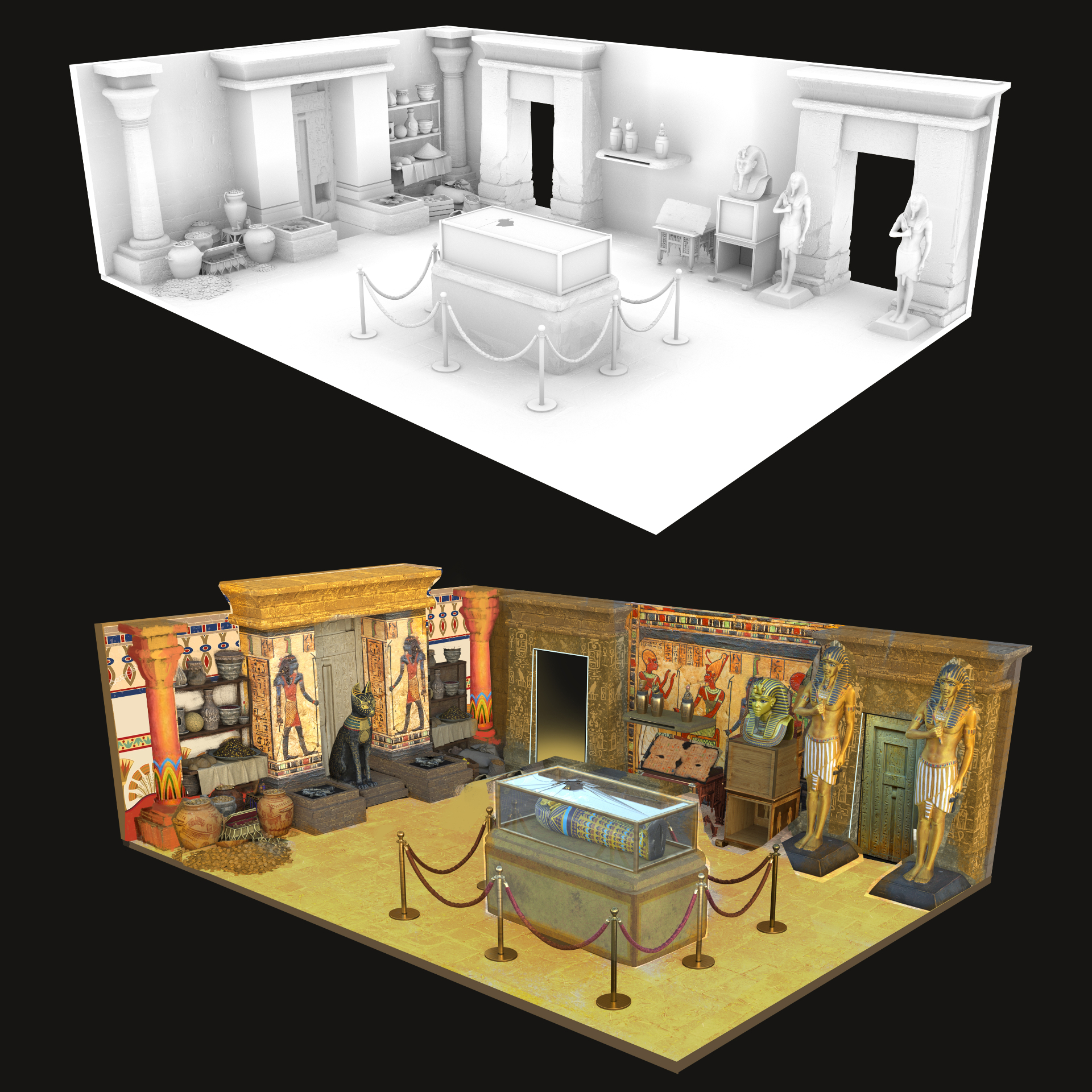 Greybox to final stylized isometric room comparison