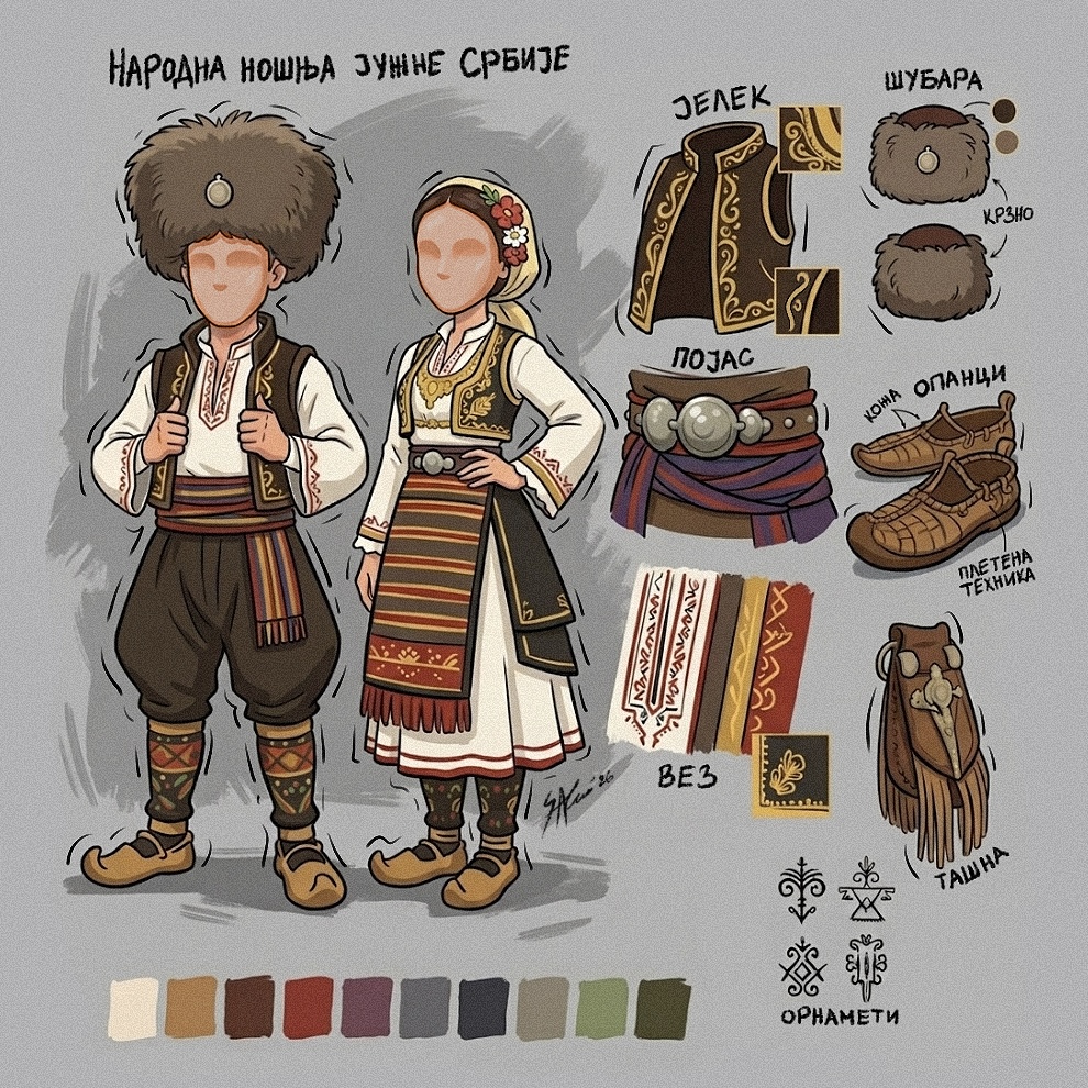 Traditional South Serbian folk costume character sheet