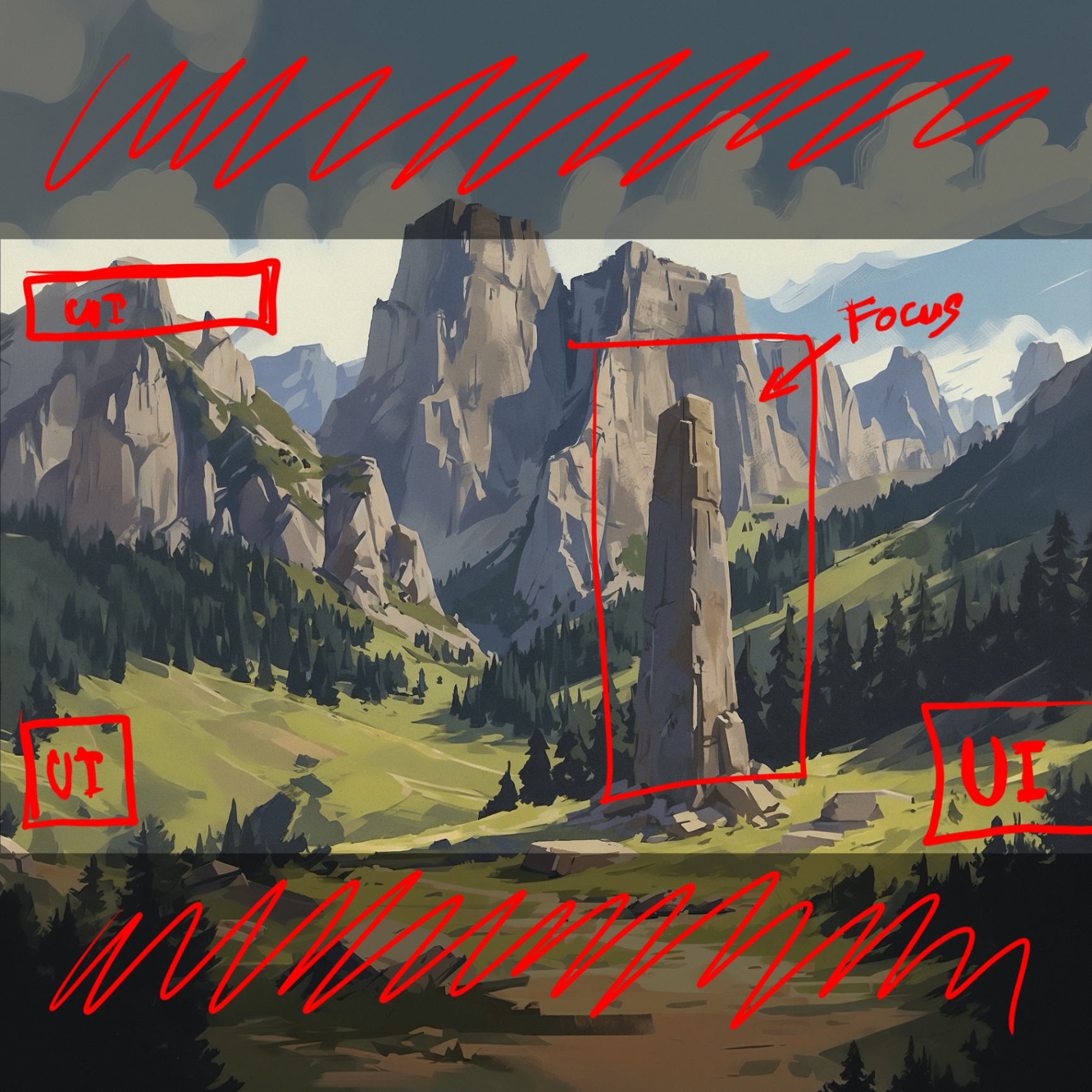 Mountain valley sketch with UI and focus annotations