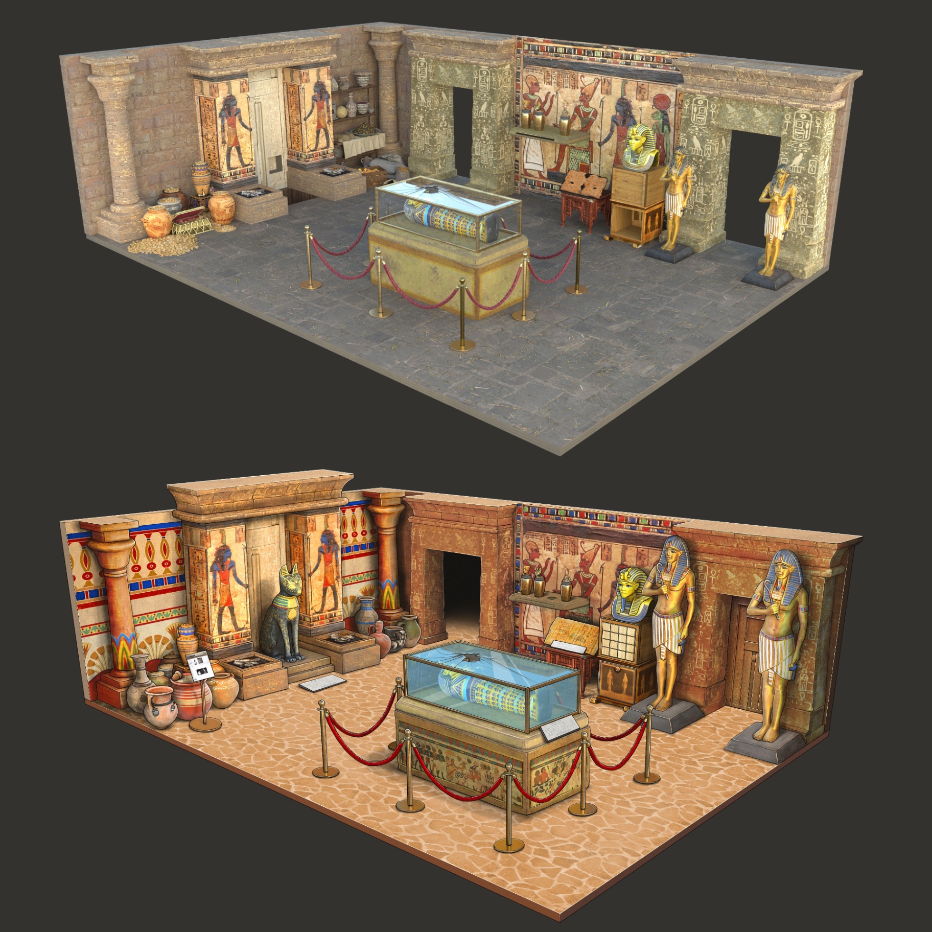 Egyptian isometric room before and after polish