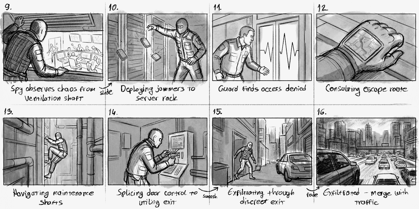Storyboard — spy exfiltration sequence (frames 9-16)