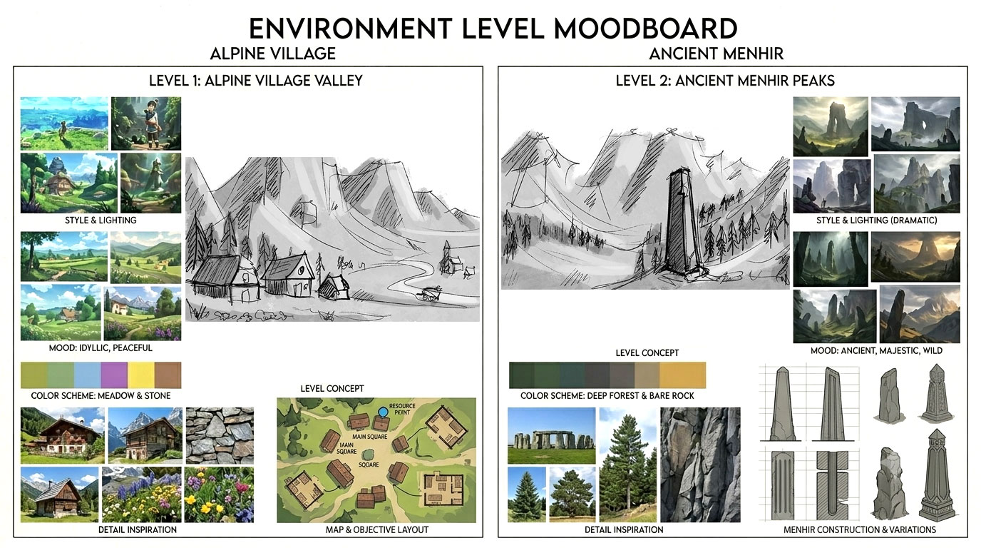 Environment level moodboard — Alpine Village and Ancient Menhir concepts