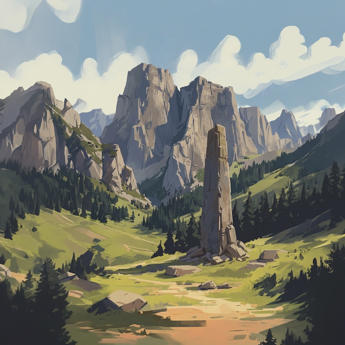 Mountain valley with towering stone spire