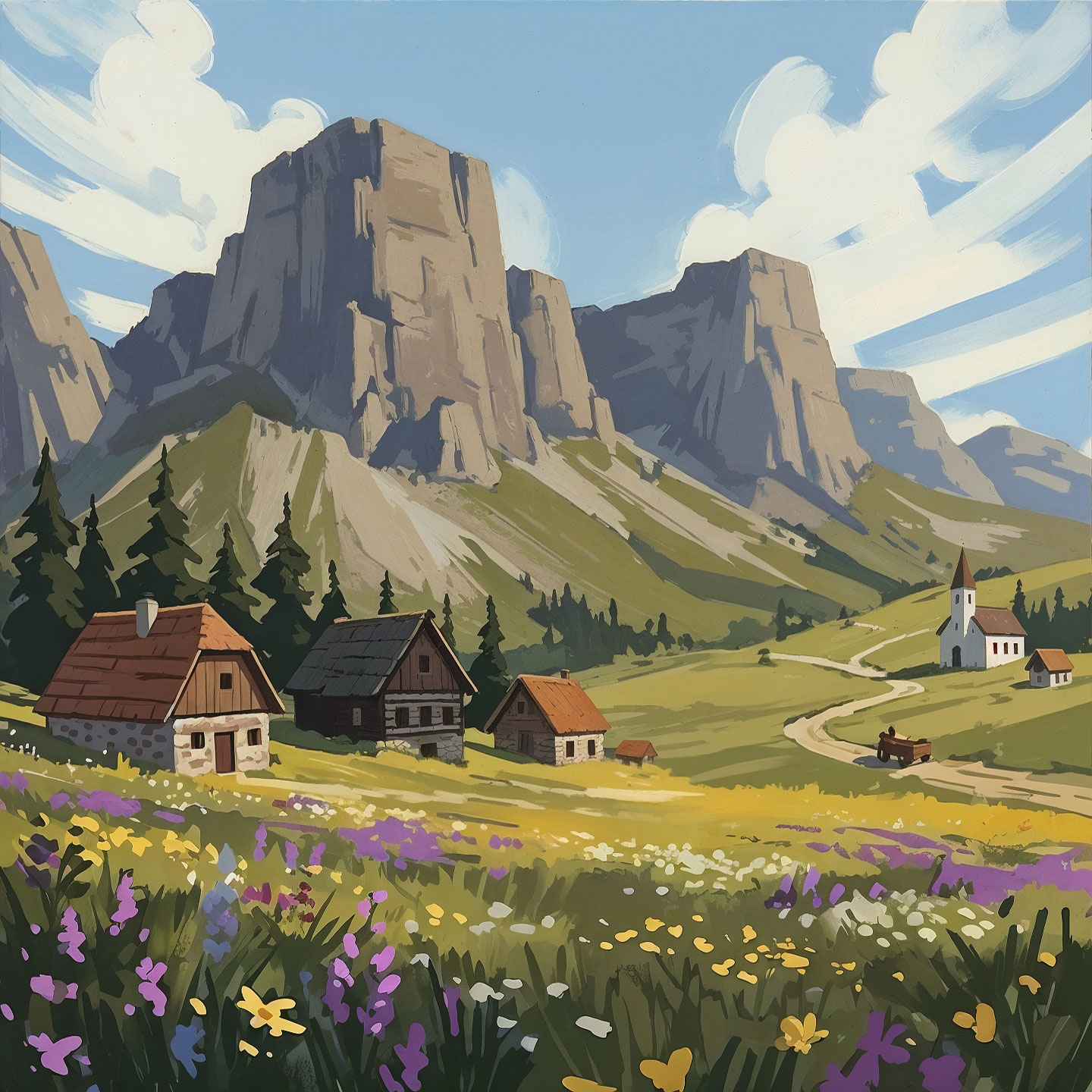 Alpine mountain village with flower meadow and dramatic peaks