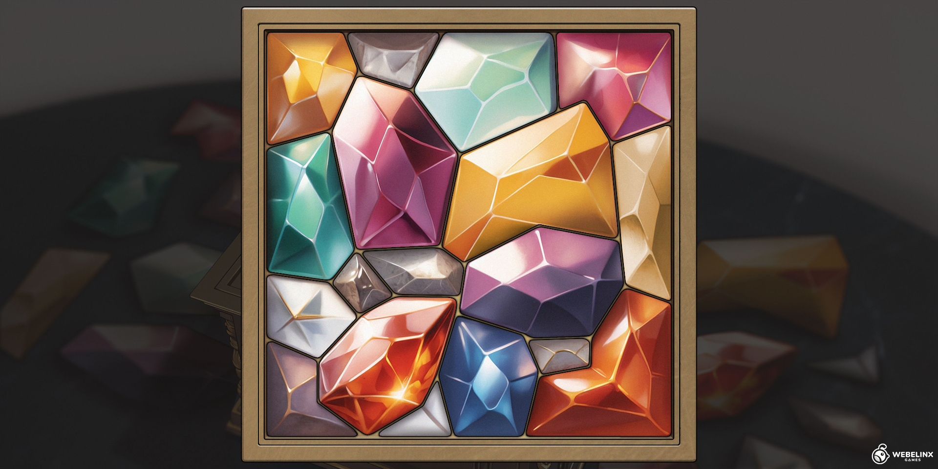 Top-down view of jewelry box filled with colorful gemstones