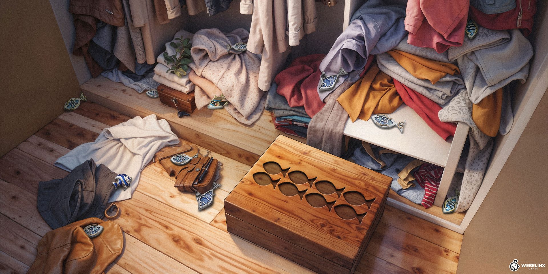 Cluttered wardrobe with hidden fish-shaped objects