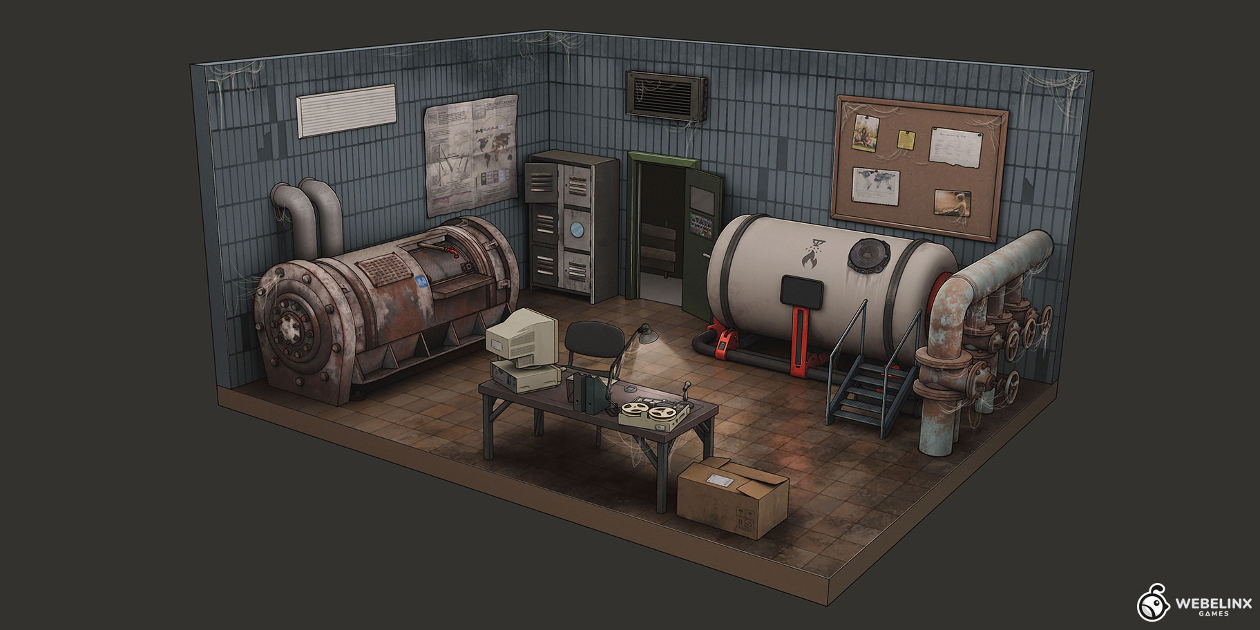 Isometric industrial boiler room with rusted tanks and pipes