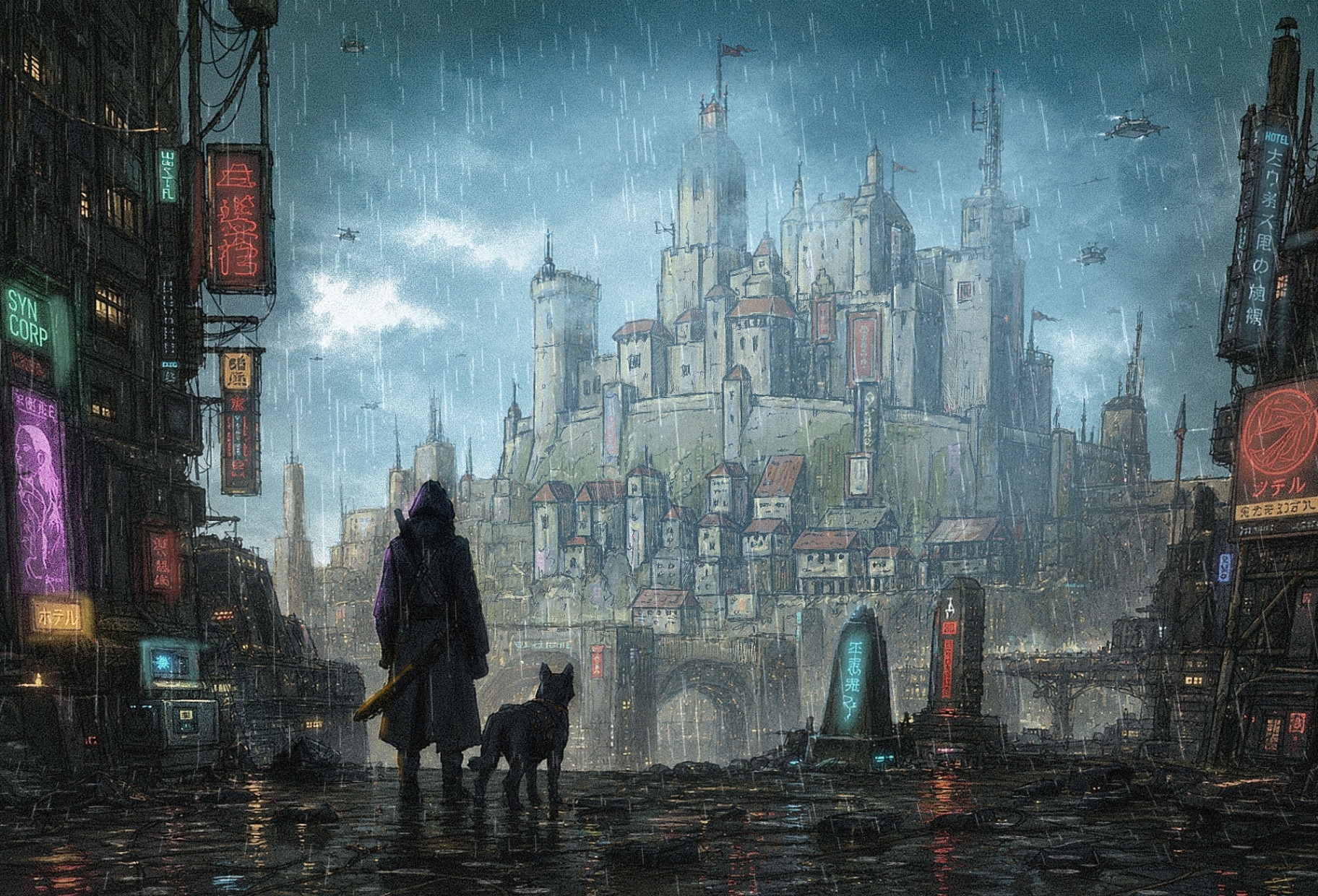 Rainy cyberpunk-medieval city with hooded traveler and dog