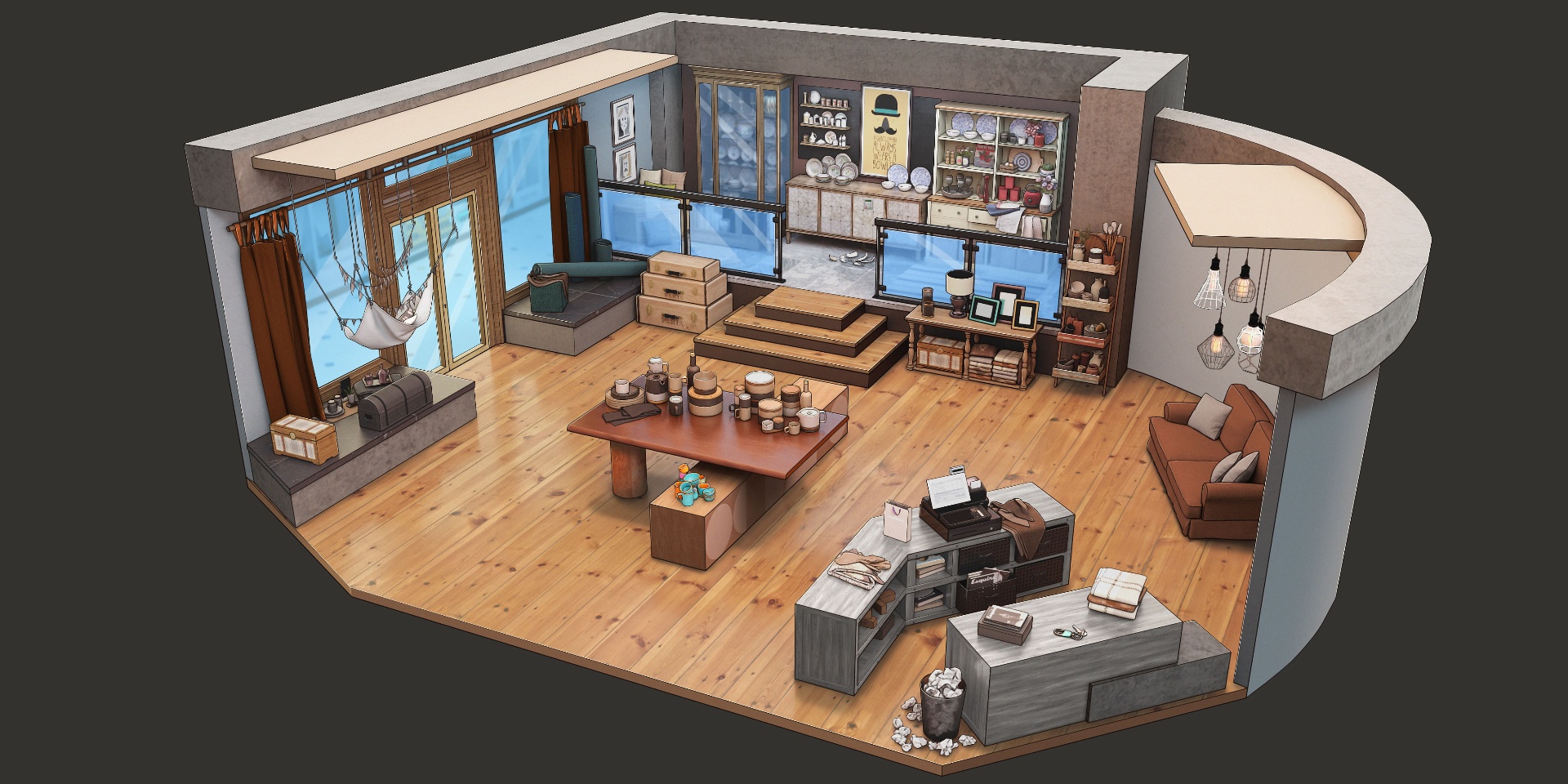 Final stylized isometric room with wood floor and decor