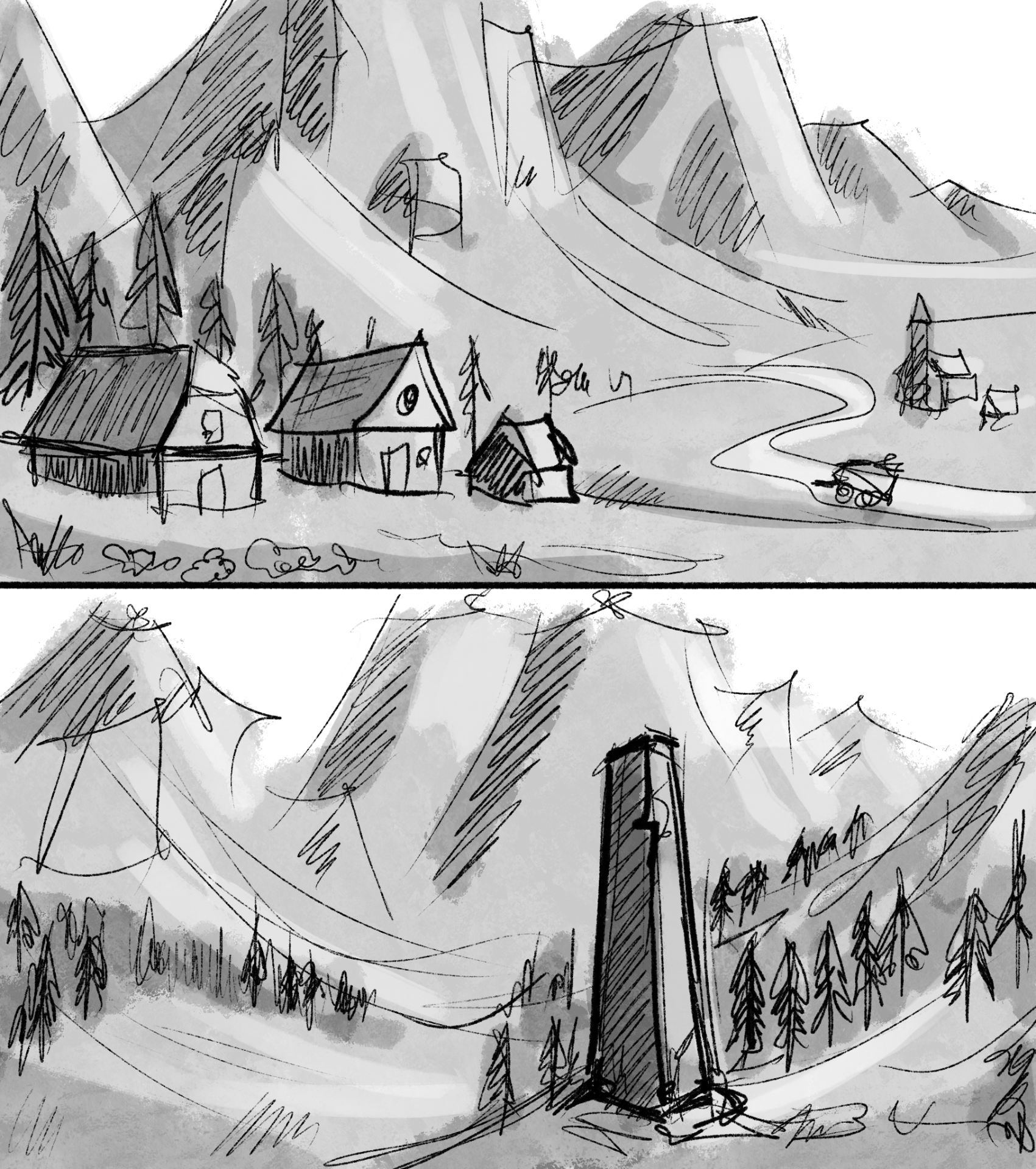 Mountain village sketch with cart and forested valley