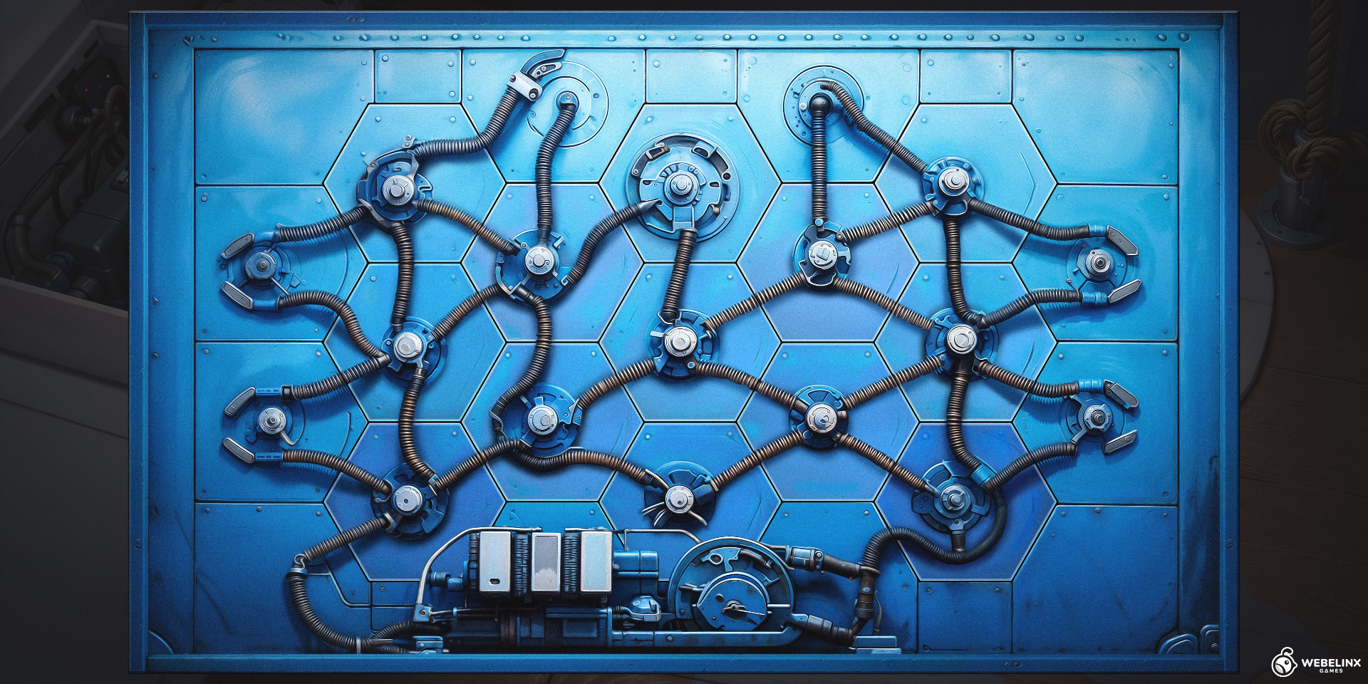 Blue generator puzzle board with connected cables and nodes