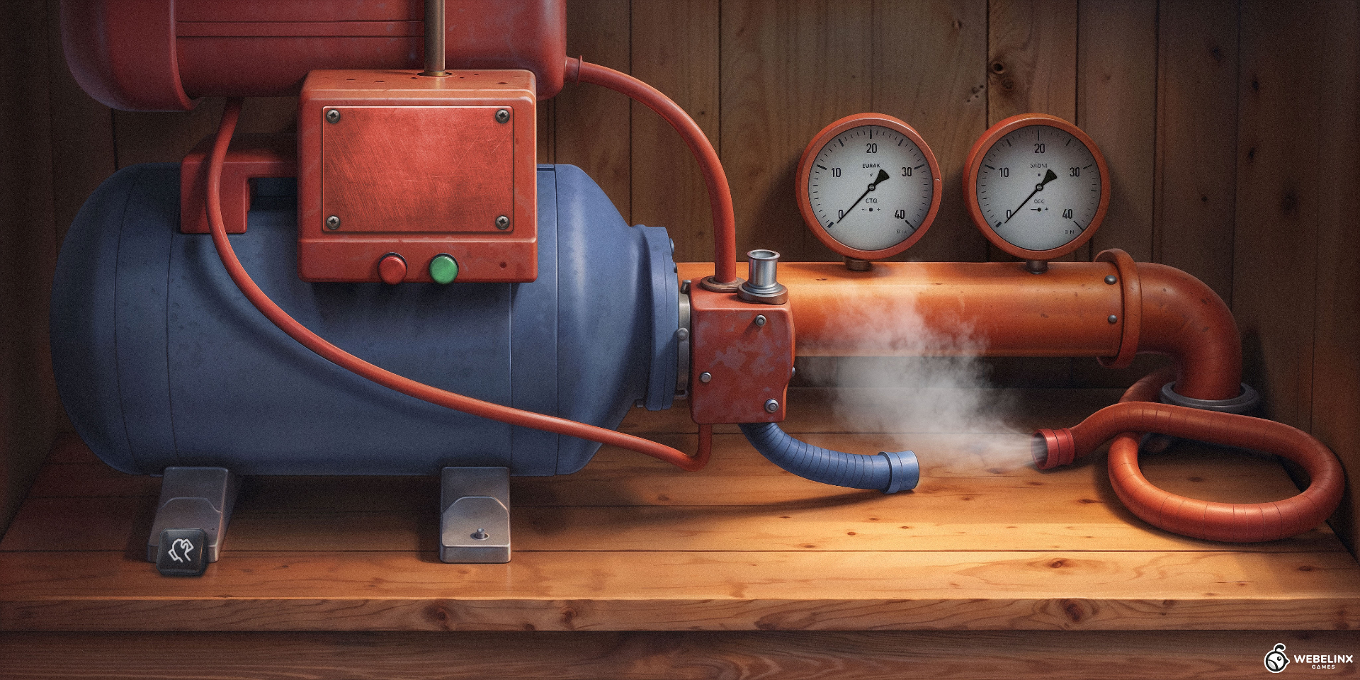 Vintage red and blue pressure pump with gauges on wooden shelf