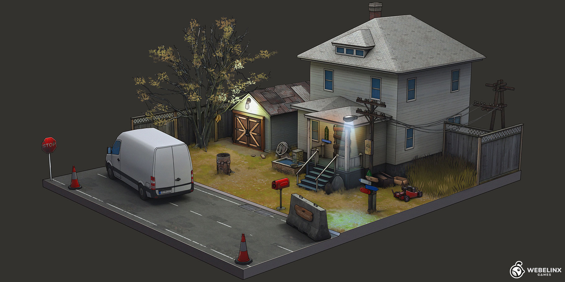 Isometric suburban house exterior at night with van and street details