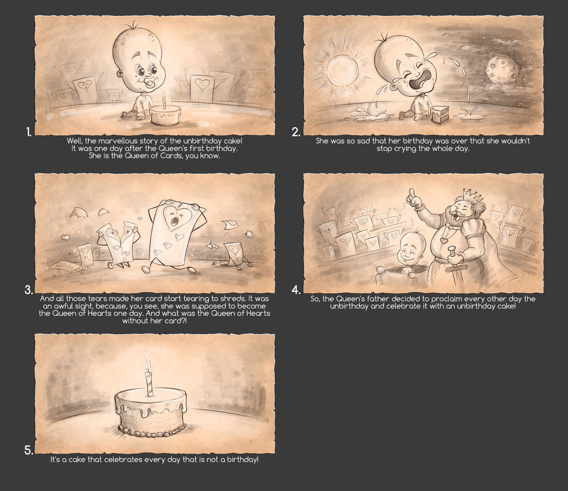 Storyboard — Queen of Cards unbirthday tale