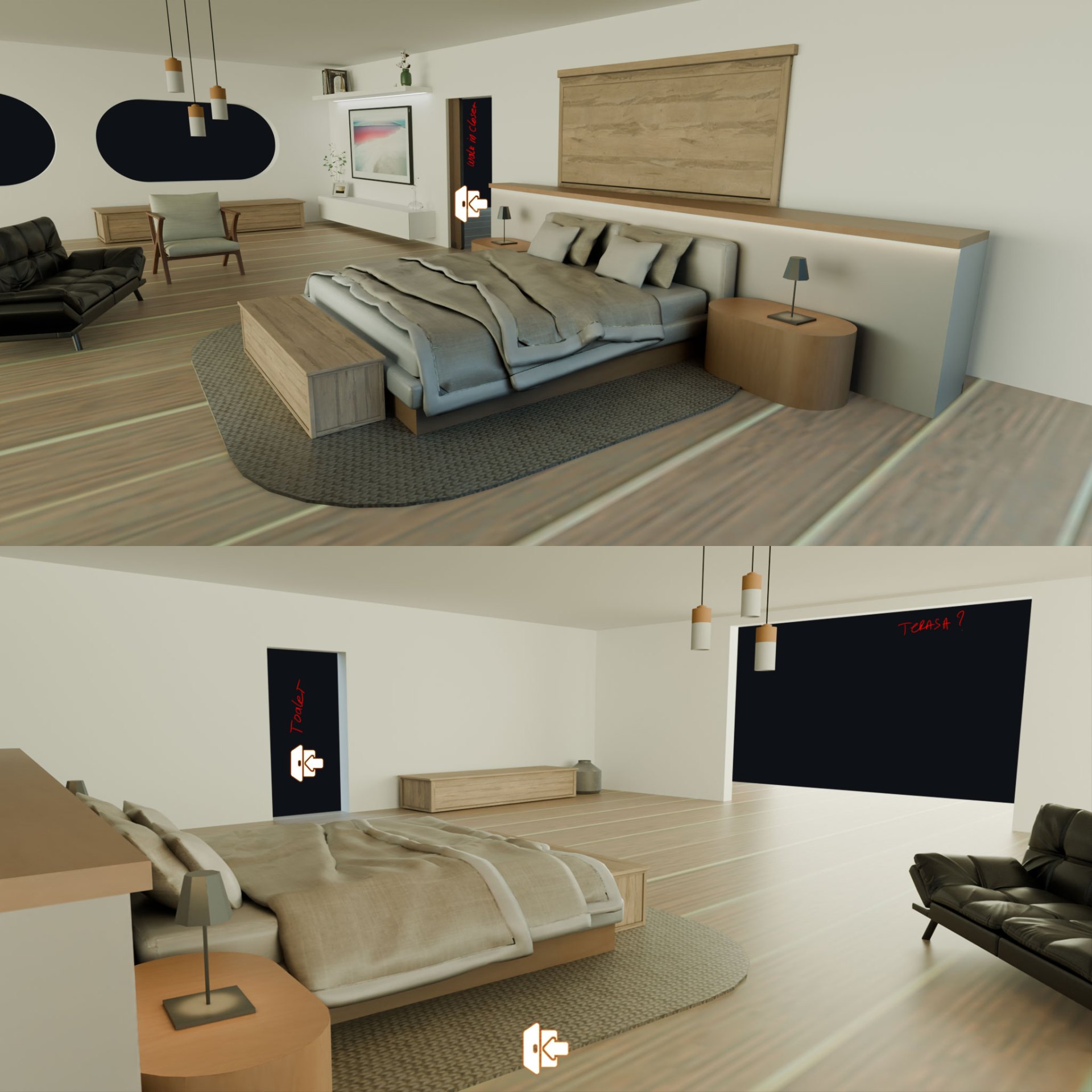 Early Blender sketch with annotated layout notes